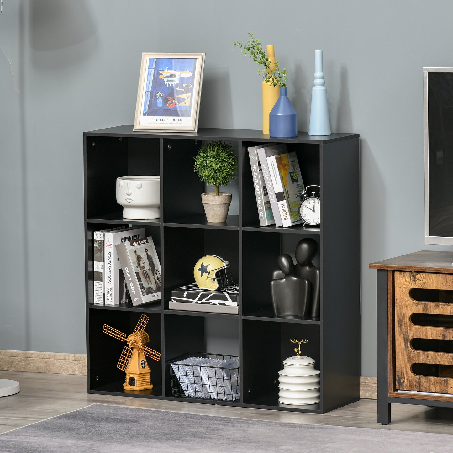 HOMCOM 3-tier 9 Cubes Storage Unit Particle Board Cupboard Bookcase Organiser Home Office Shelves, Black