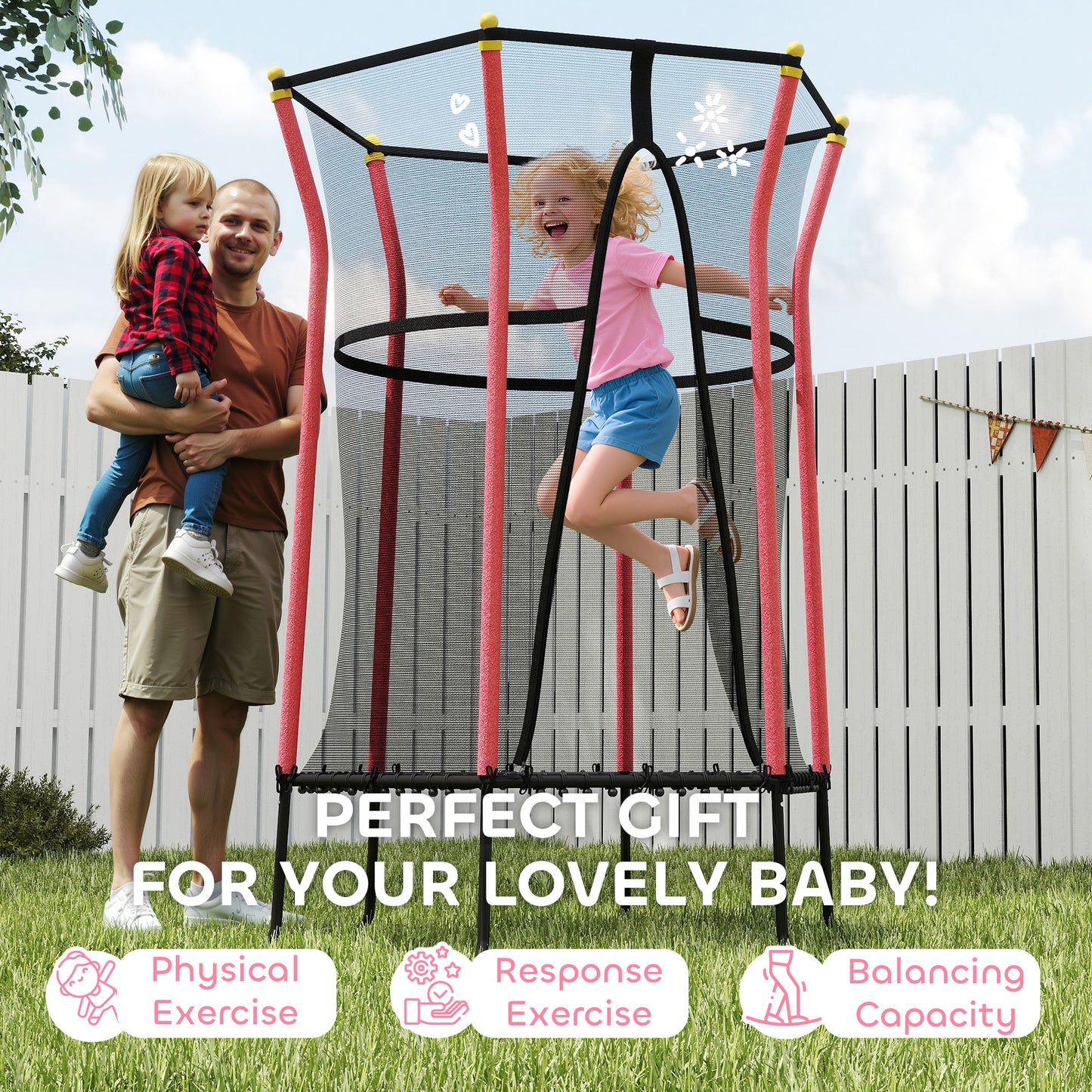HOMCOM Kids Trampoline Mini Bouncer with Enclosure Safety Net For Ages 3-10 Years - Red