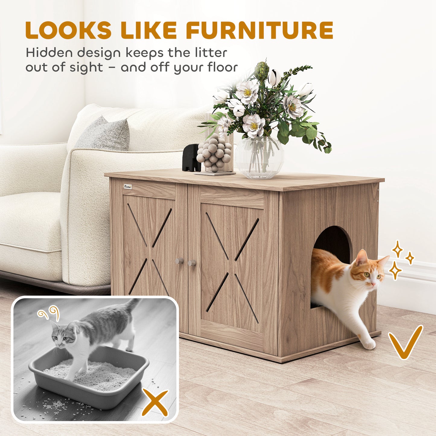 PawHut Cat Litter Box Enclosure with Double Doors and Side Entrance, Non-Slip Pads for Living Room, Walnut Brown