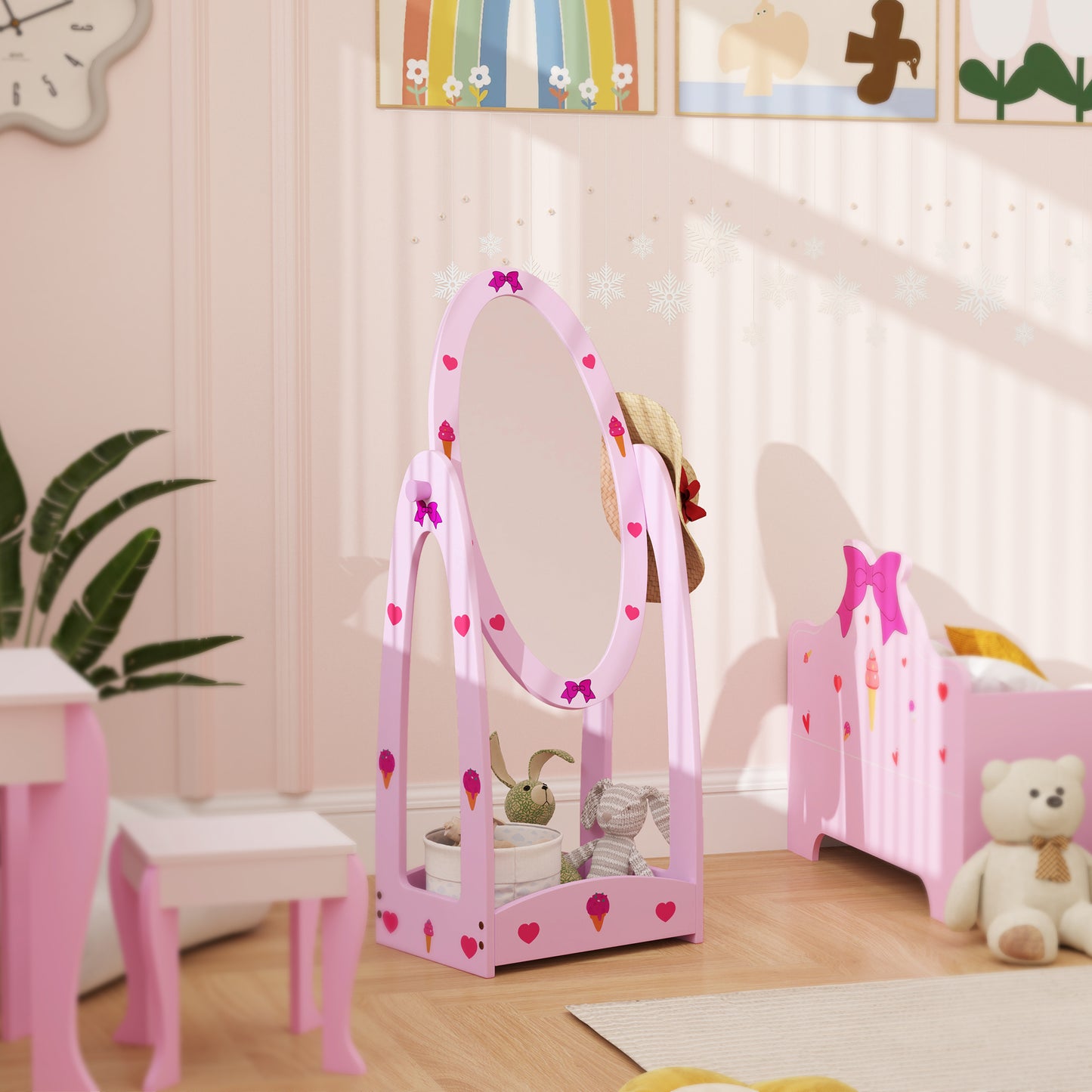 AIYAPLAY Kids Full Length Mirror, 360° Rotating Children Standing Mirror with Storage Shelf, Pink