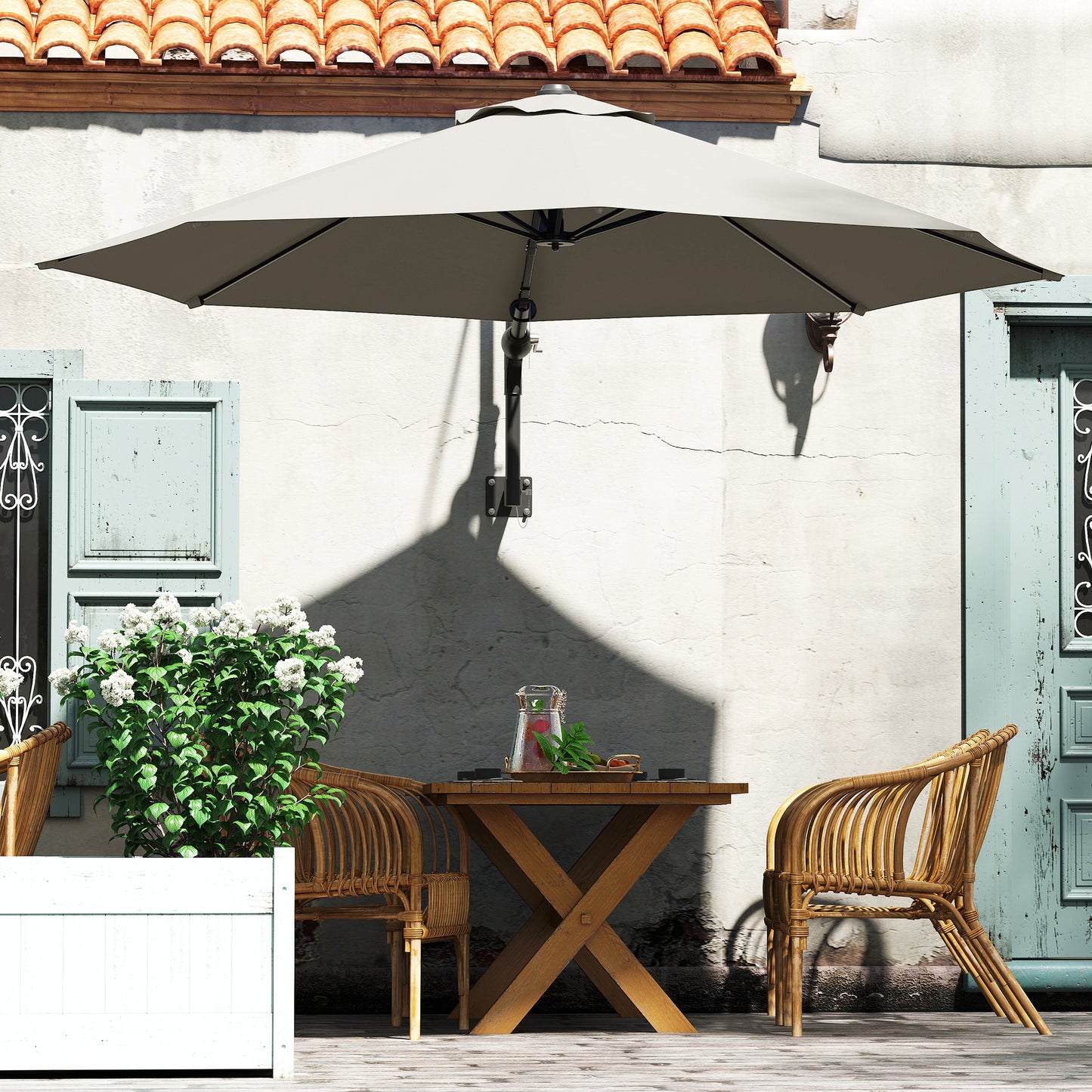 Outsunny 3(m) Wall-Mounted Parasol Shade, with Handle - Light Grey