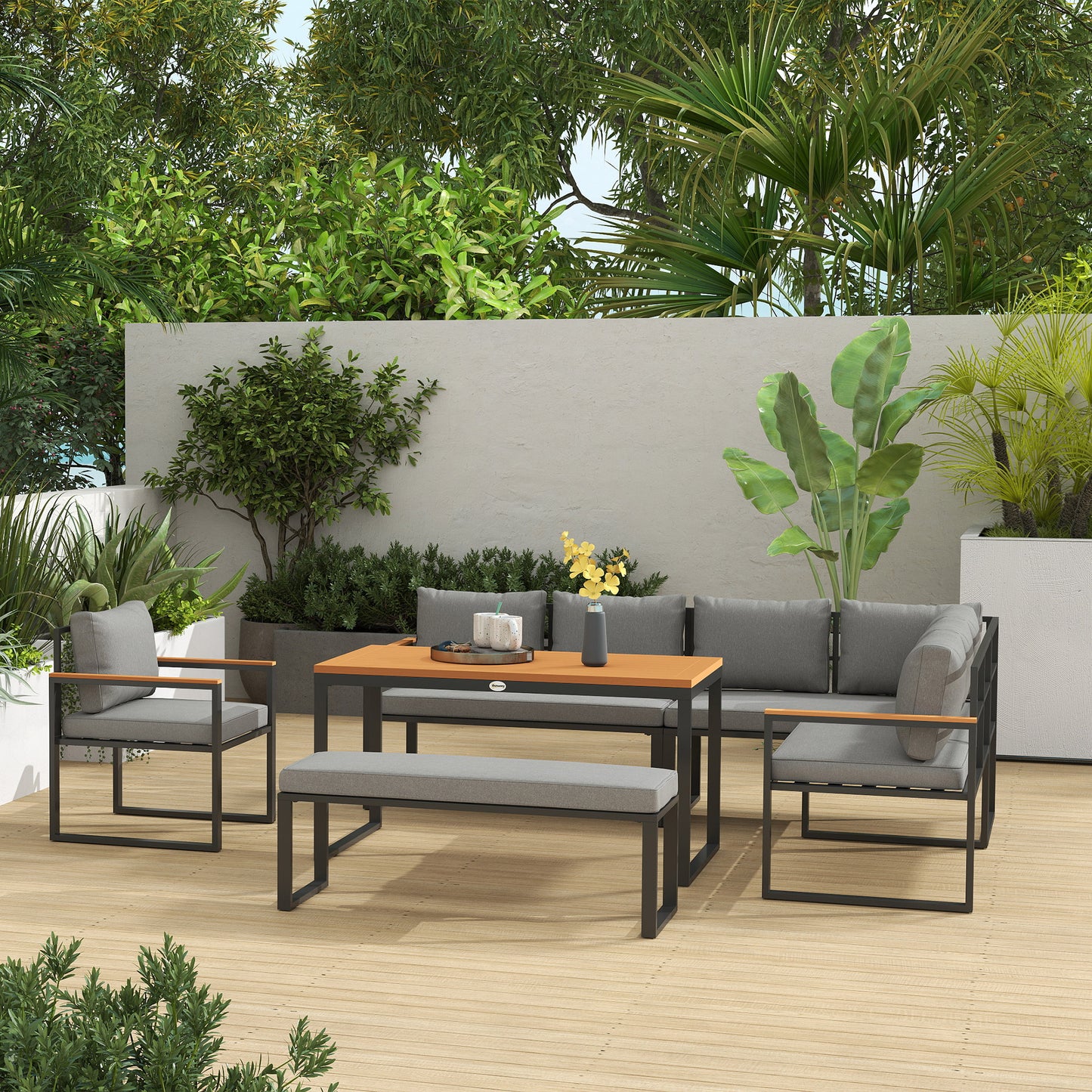 Outsunny Six Piece L Shaped Garden Furniture Set with 3 Loveseats - Natural Wood Finish