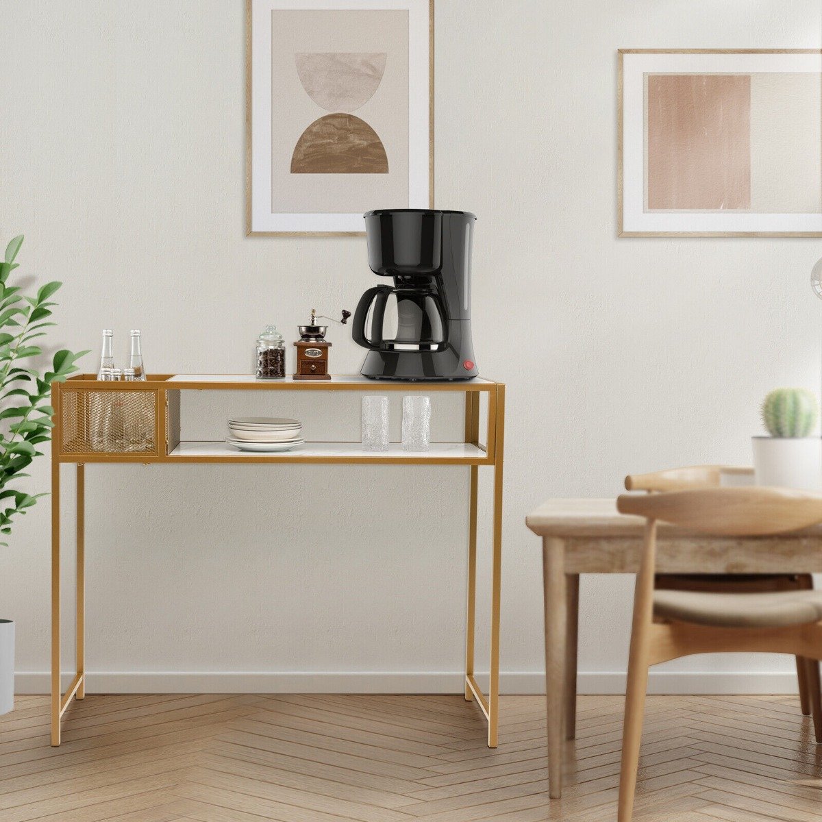 2-Tier Faux Marble Narrow Console Table with Mesh Storage Shelf-White
