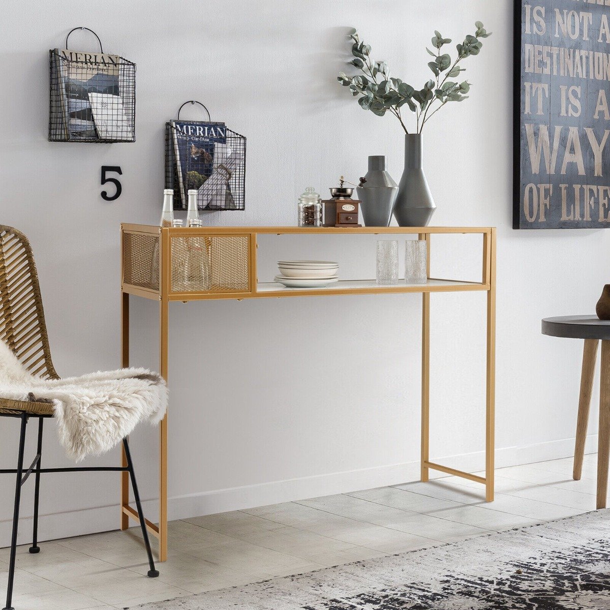 2-Tier Faux Marble Narrow Console Table with Mesh Storage Shelf-White