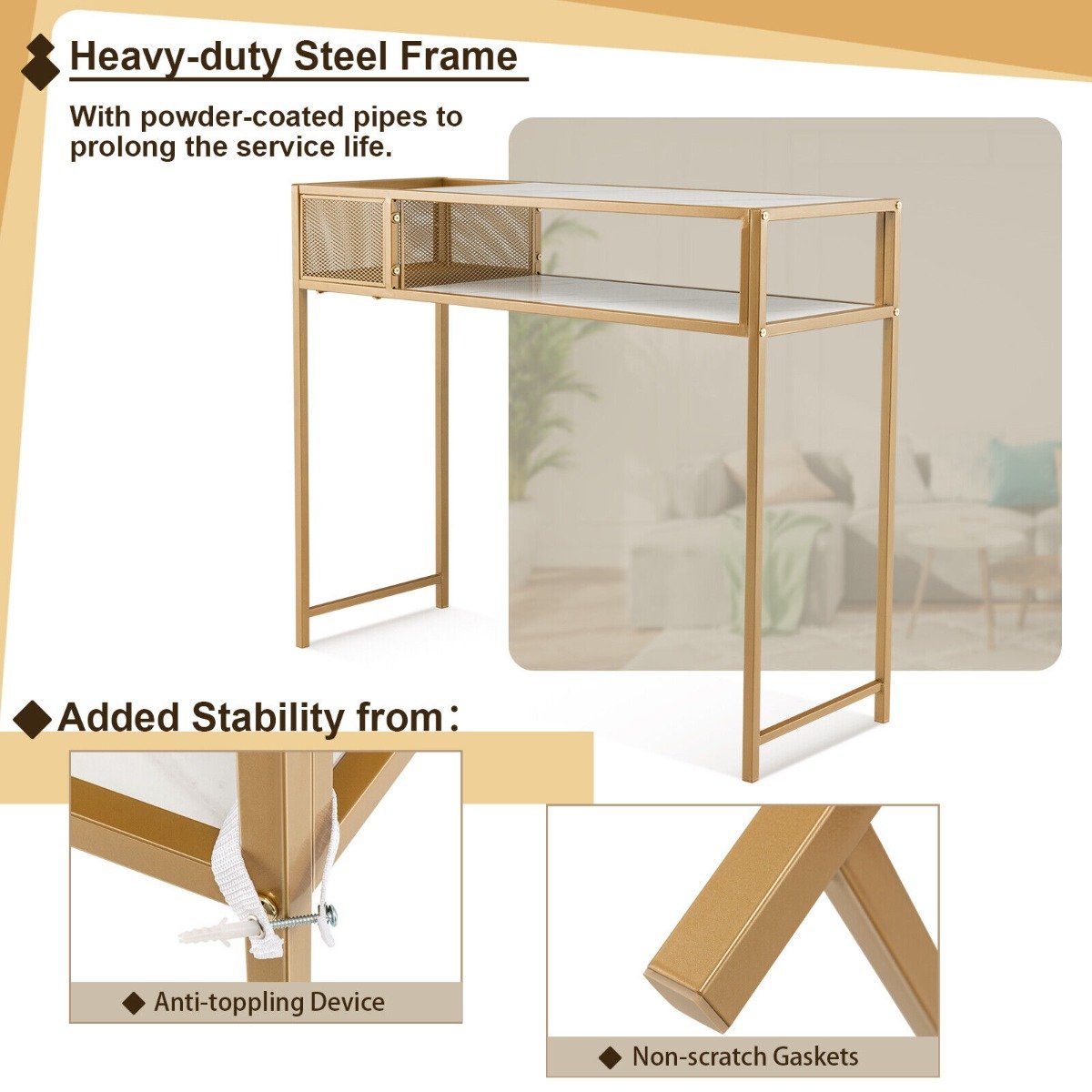 2-Tier Faux Marble Narrow Console Table with Mesh Storage Shelf-White