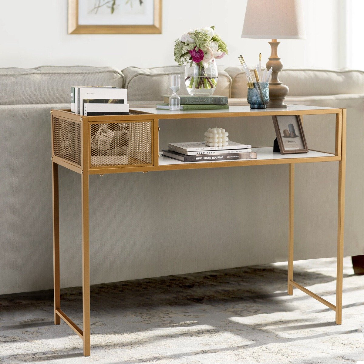 2-Tier Faux Marble Narrow Console Table with Mesh Storage Shelf-White