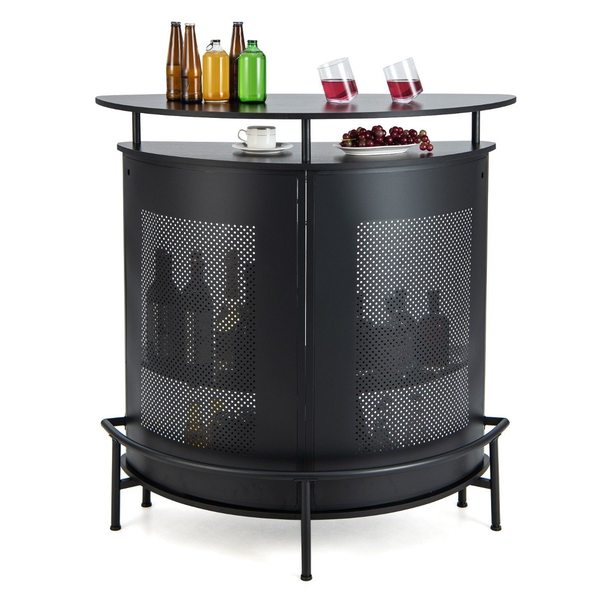4-Tier Bar Table with Storage Shelves and 3 Stemware Holders-Black