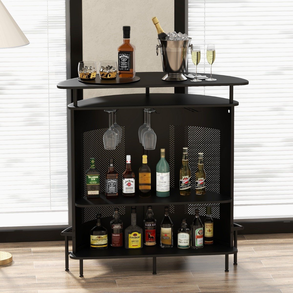 4-Tier Bar Table with Storage Shelves and 3 Stemware Holders-Black