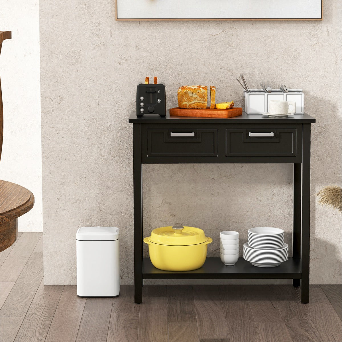 Modern Console Table 2 Drawer with Shelf-Black