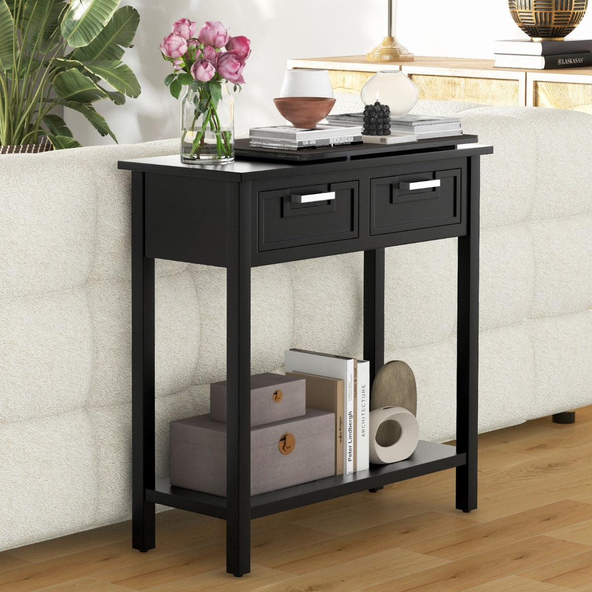 Modern Console Table 2 Drawer with Shelf-Black