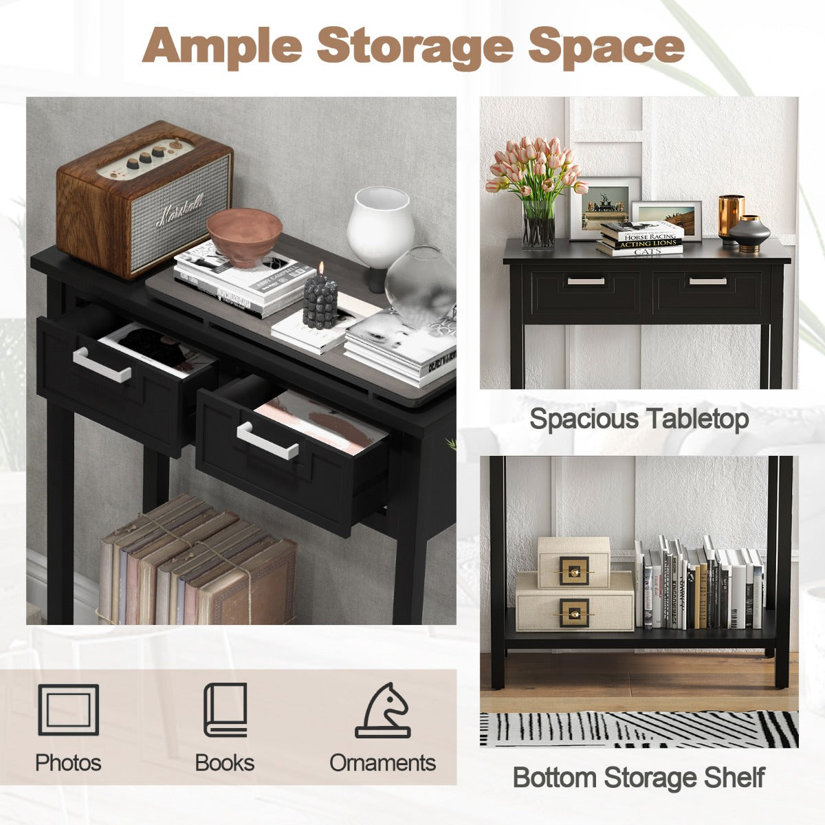 Modern Console Table 2 Drawer with Shelf-Black