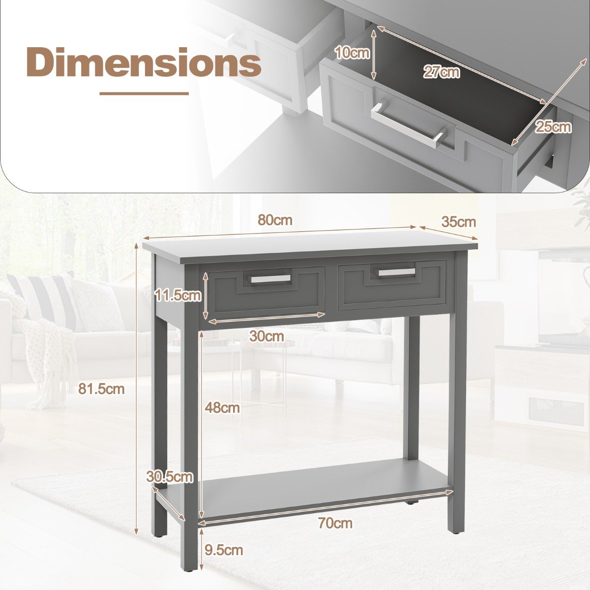 Modern Console Table 2 Drawer with Shelf-Grey