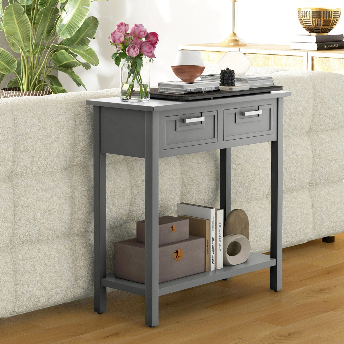 Modern Console Table 2 Drawer with Shelf-Grey