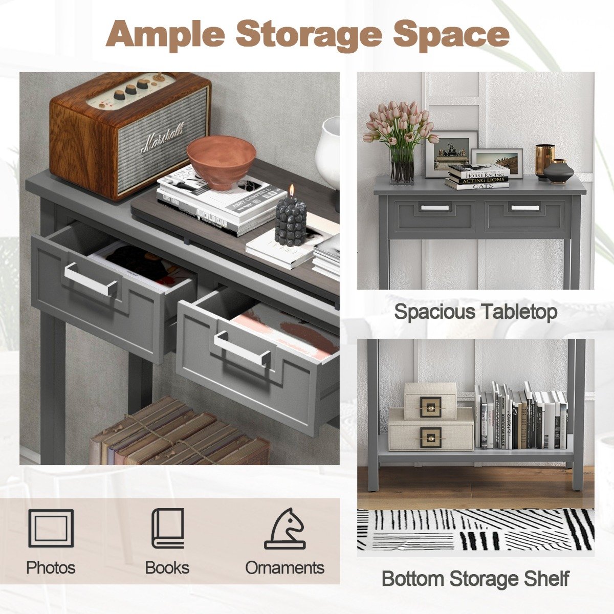 Modern Console Table 2 Drawer with Shelf-Grey