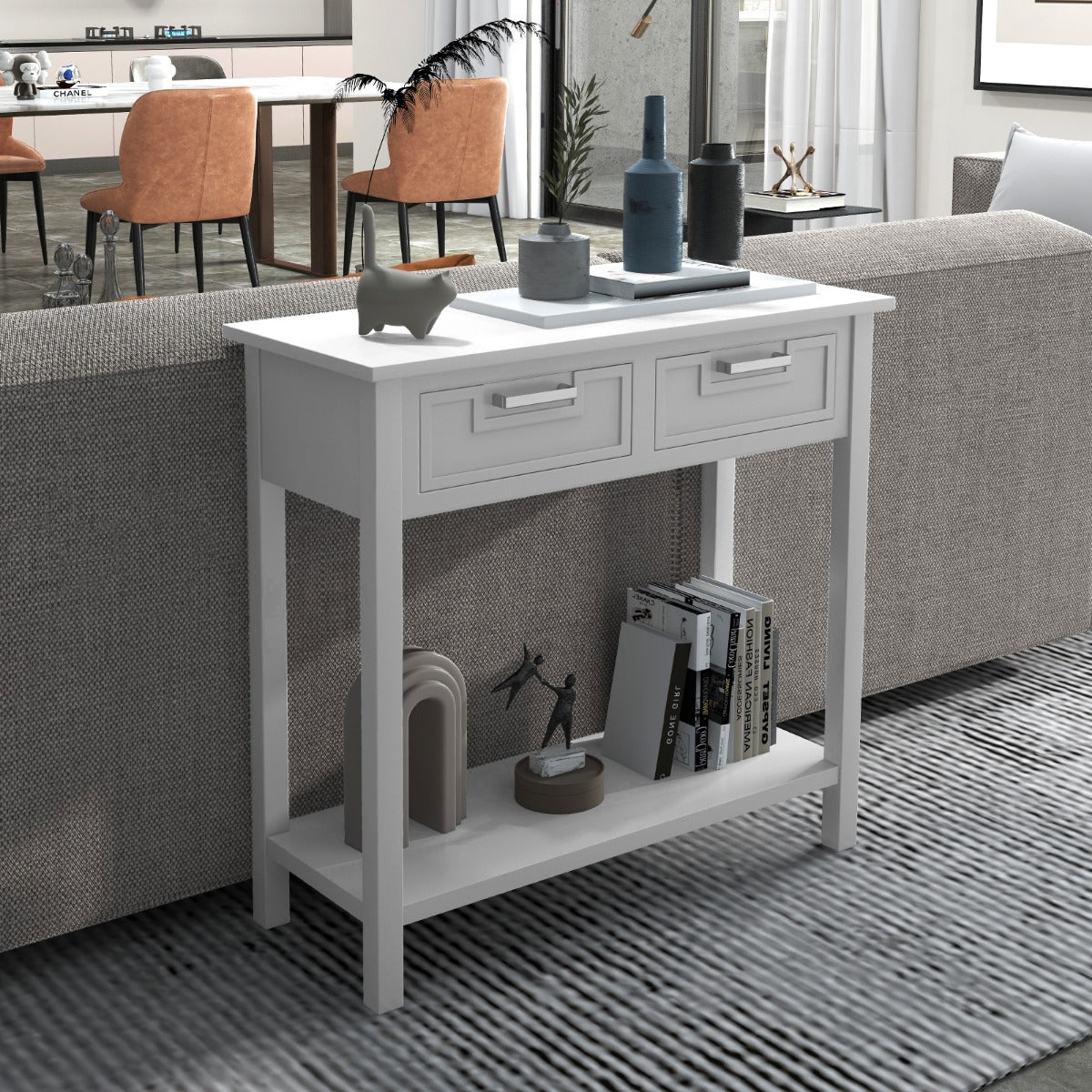Modern Console Table 2 Drawer with Shelf-White