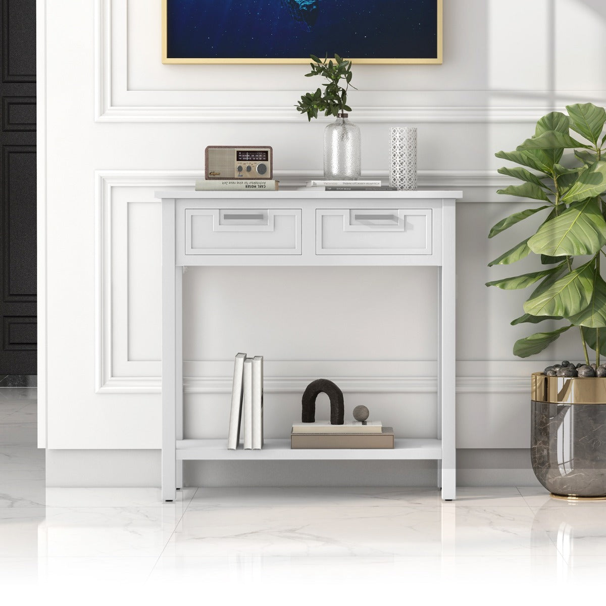Modern Console Table 2 Drawer with Shelf-White