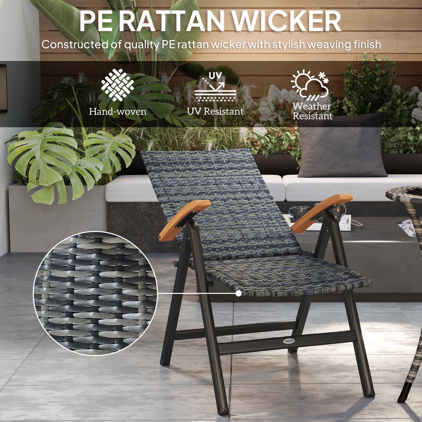 Outsunny Outdoor Folding Rattan Chair with Armrests, High Backrest, for Garden, Camping, Balcony, Porch - Mixed-grey