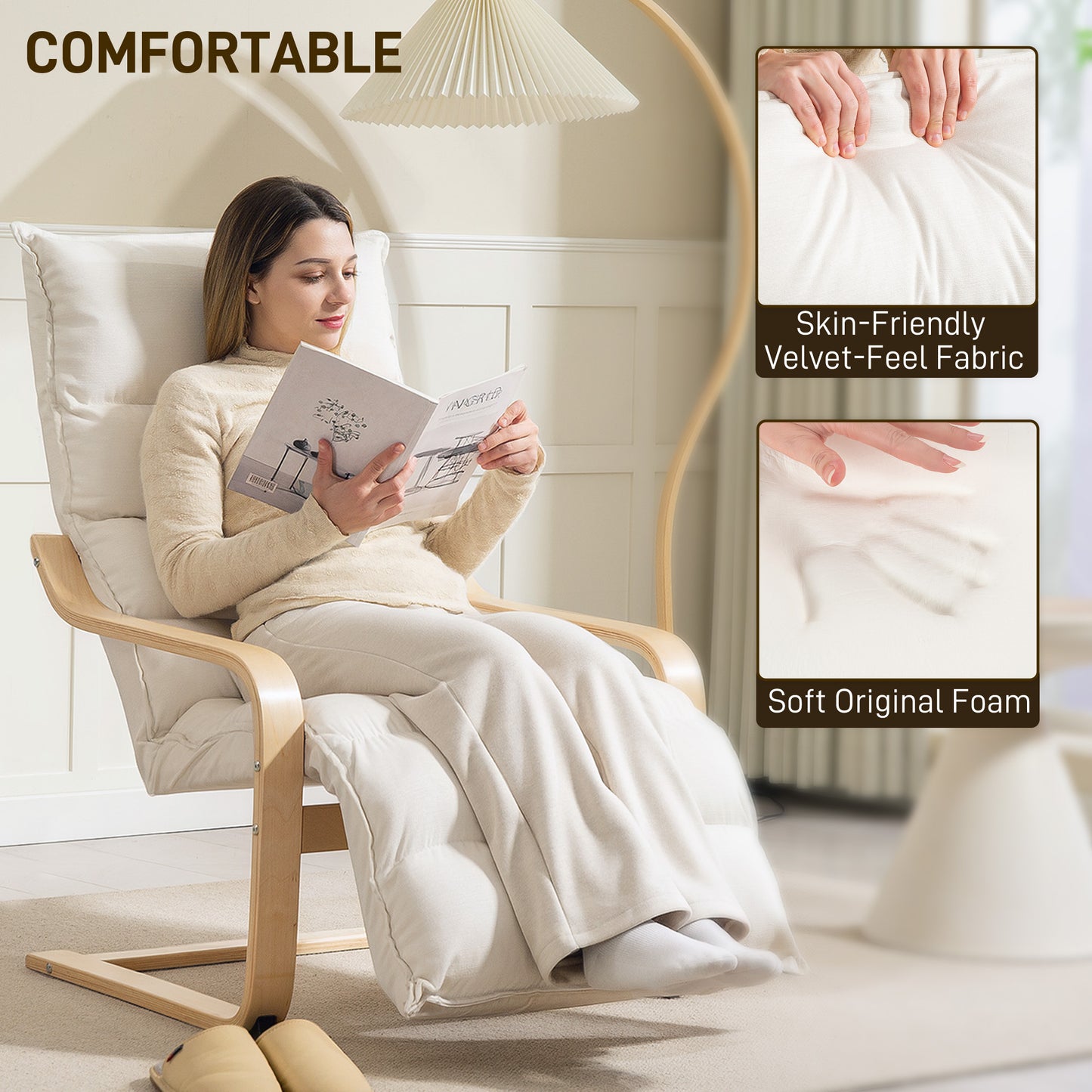 HOMCOM Curved Wooden Accent Chair, with Adjustable Footrest - Cream White