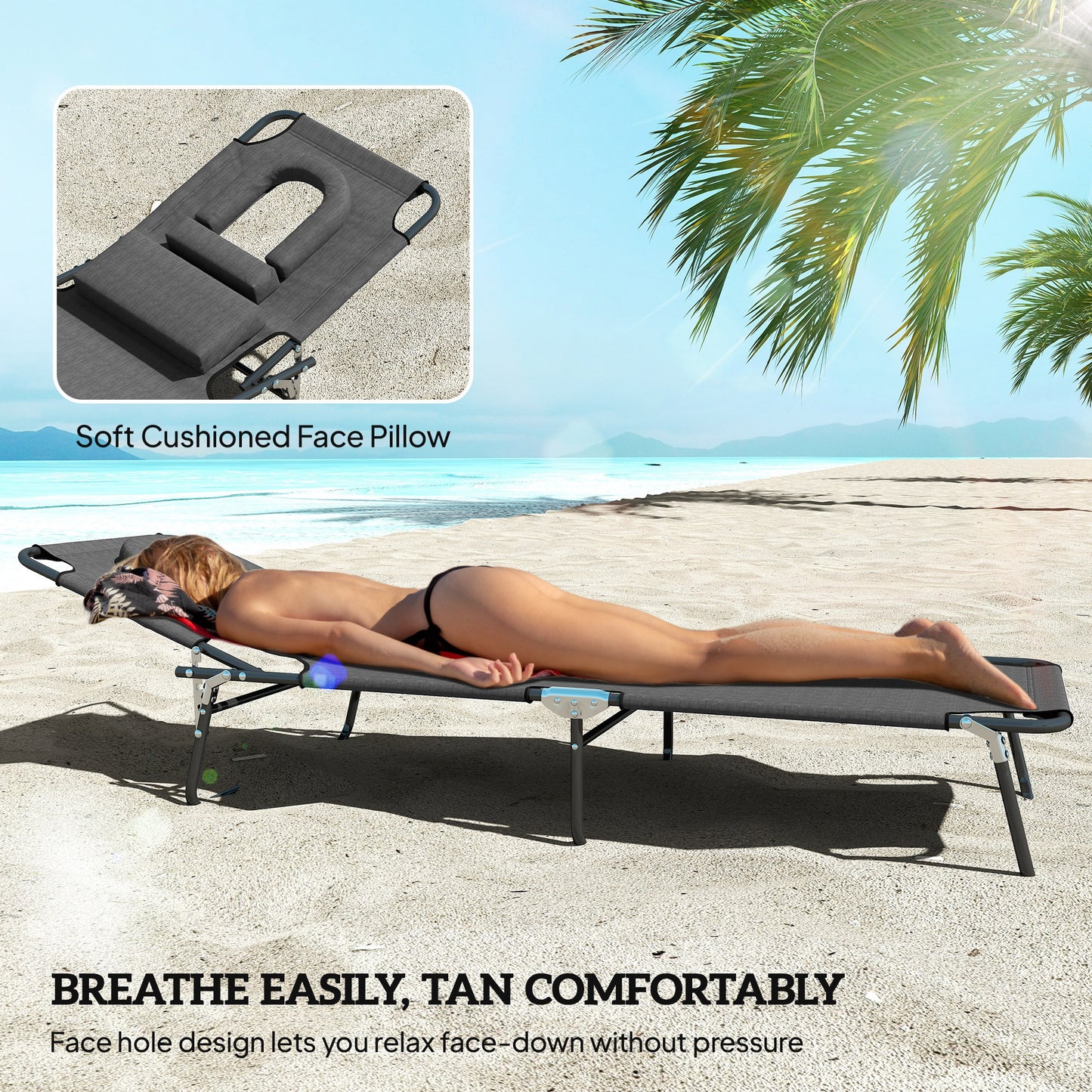 Outsunny Outdoor Folding Sun Lounger Set of 2 with Face Hole, 4 Level Adjustable Backrest Reclining Garden Lounger, Garden Recliner Sunbed with 600 D Oxford Cloth Seat and Pillow for Beach, Dark Grey