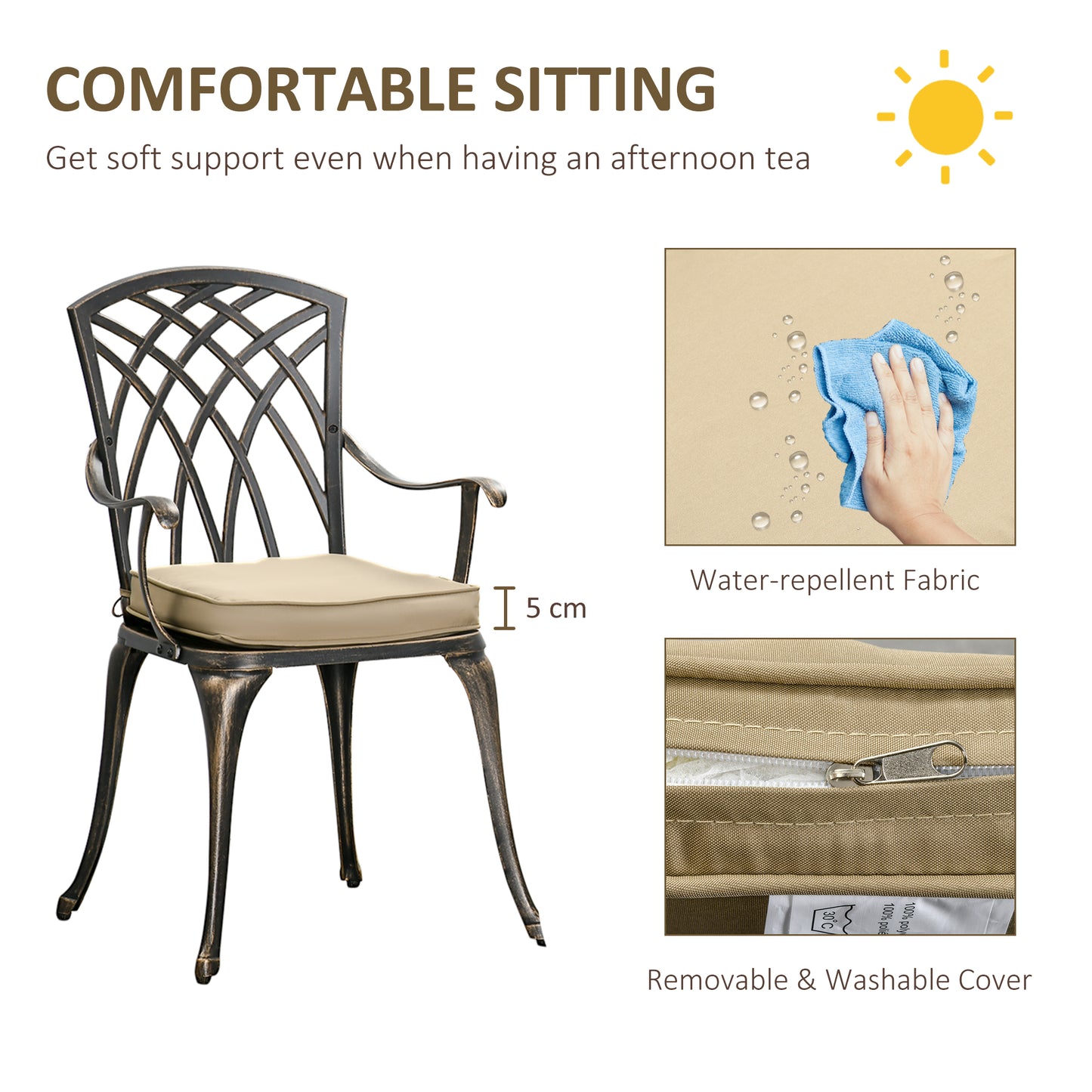 Outsunny 3pc Cast Aluminium Garden Bistro Set for 2 with Parasol Hole, Outdoor Coffee Table Set Rust Resistant with Cushions, Bronze