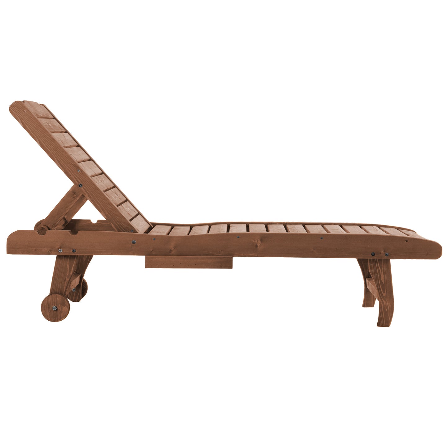 Outsunny Outdoor Wooden Lounger Chair, Sun Bed with Built-In Table, Adjustable Backrest and Wheels, Red Brown
