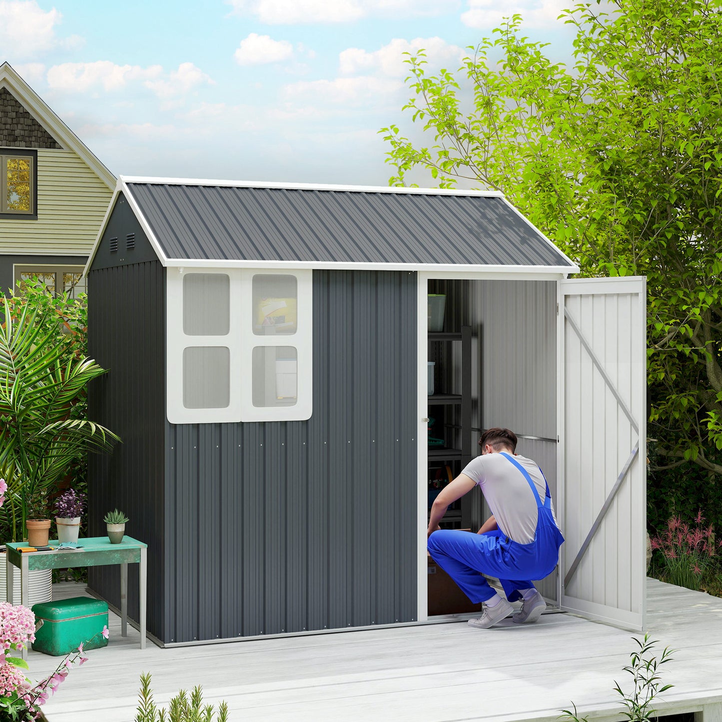 Outsunny 7 x 6ft Galvanised Garden Shed, with Latch - Dark Grey