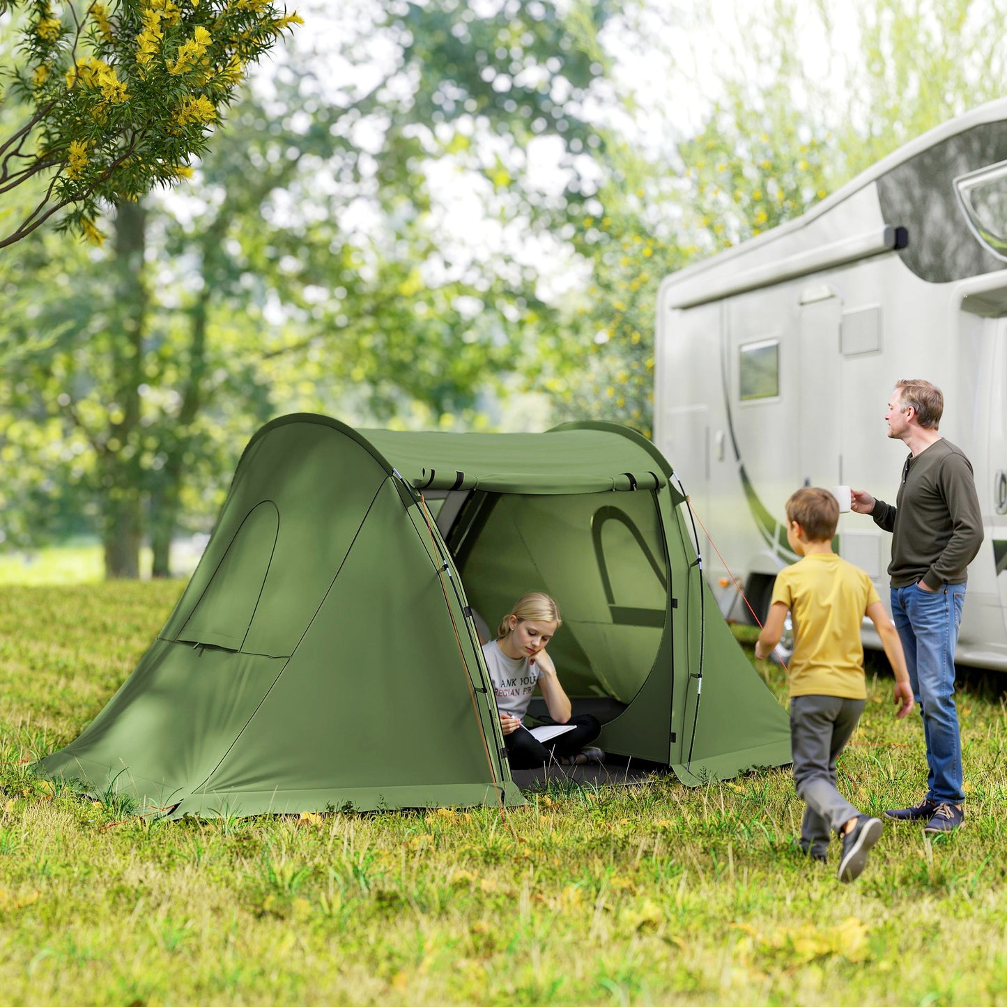 Outsunny 3 Man Camping Tent with Living Area and 2 Bedrooms, 3000mm Waterproof Family Tent with Sewn-in Groundsheet, Portable with Bag for Hiking, Festival, Backpacking, Green