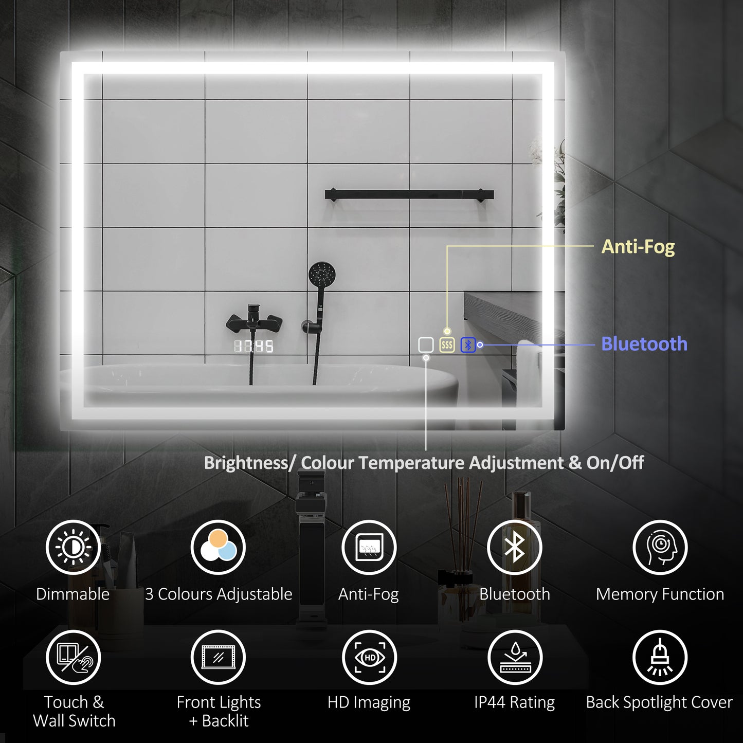 مرآة حمام HOMCOM مقاس 60 × 80 سم مضادة للضباب مزودة بإضاءة LED، مع بلوتوث وساعة - لون فضي