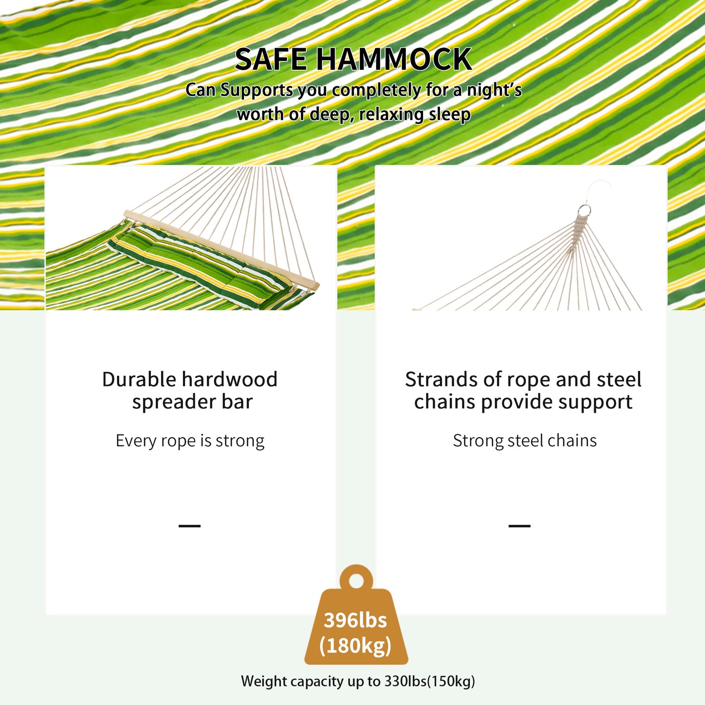 Outsunny Double Cotton Hammock Camping Swing Outdoor Garden Beach Stripe Hanging Bed with Pillow, 188 x 140 cm, 180 KG Capacity, Green