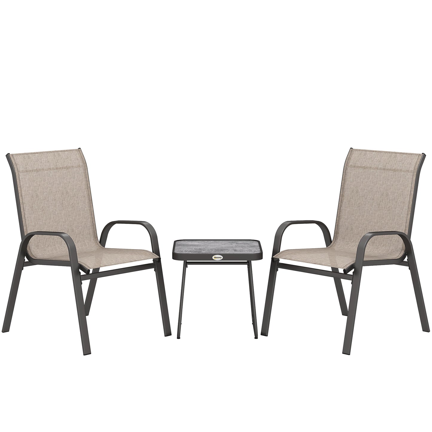 Outsunny 3 Pieces Outdoor Bistro Set, Patio Stackable Armchairs with Breathable Mesh Fabric and SPC Board Coffee Table, Brown