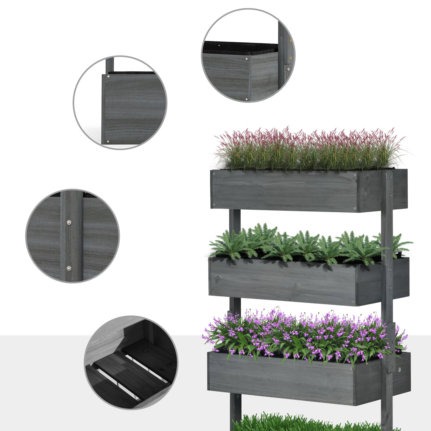 Outsunny Four-Tier Basket Wooden Plant Stand - Grey
