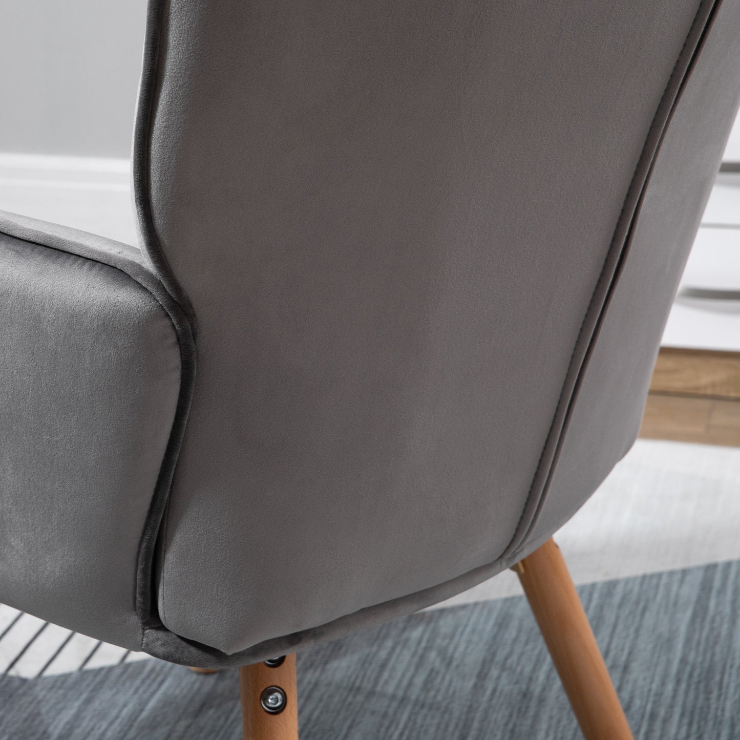 HOMCOM Modern Accent Chair, Upholstered Tufted Wingback Armchair with Seat Padding, Velvet Leisure Lounge Bedroom Chair with Wood Legs, Grey