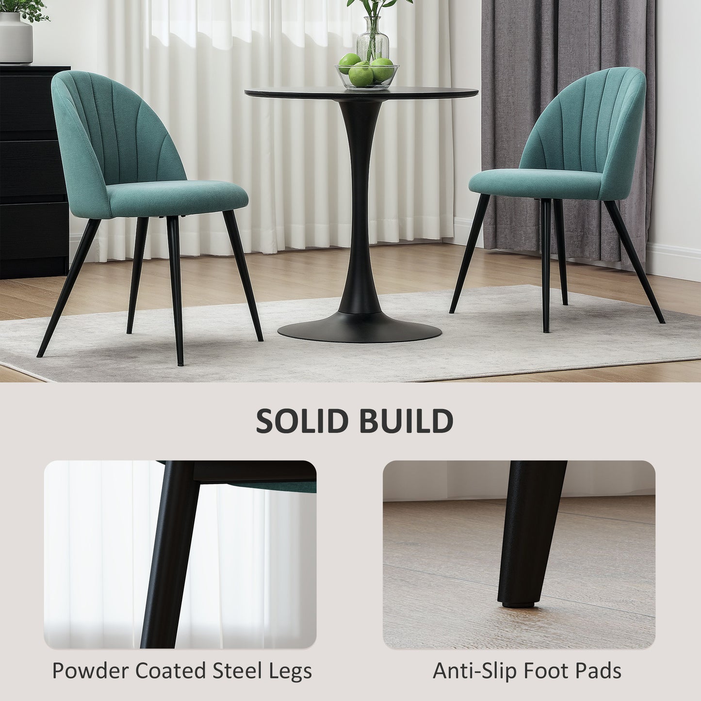 HOMCOM Velvet Dining Chairs Set of 2, Modern Upholstered Kitchen Chairs with Metal Legs, Shell Backrest and Padded Seat for Dining Room, Bedroom, Living Room, Vanity, Green