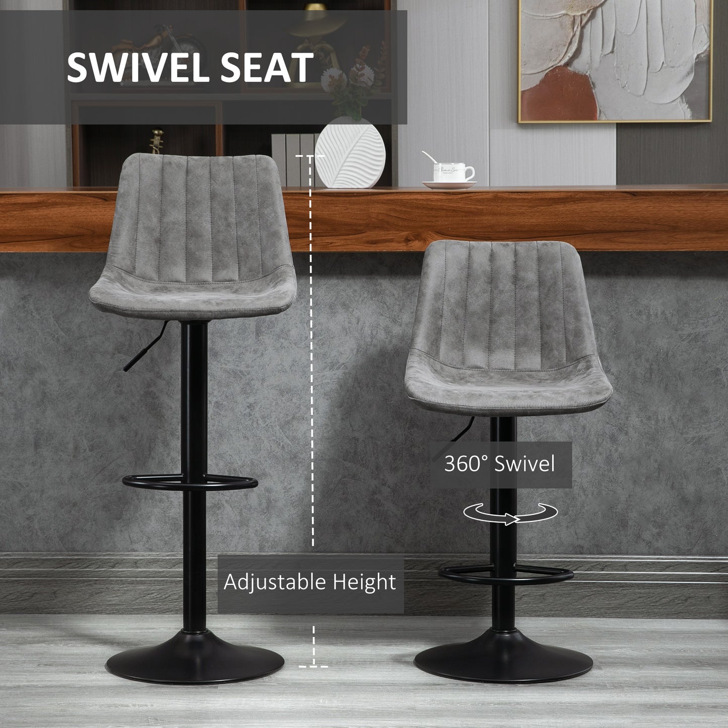 HOMCOM Modern Bar Stools Set of 2, Height Adjustable Swivel Bar Chairs with Backrest, Gas Lift and Footrest, Microfibre Barstools for Breakfast Counter, Kitchen Island, Grey