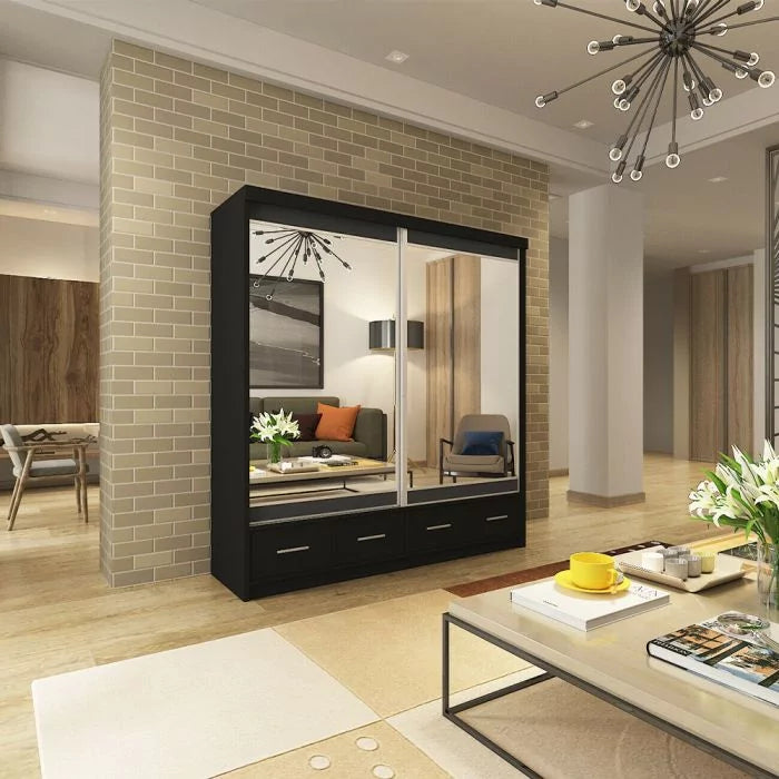 Newry Black Sliding Door Mirrored Wardrobe with Drawers - 150cm and 200cm