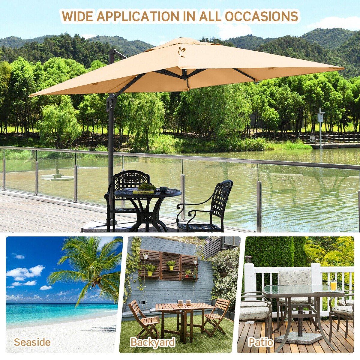 3m Patio Cantilever Umbrella with 4-Level Tilting Adjustment and Crank Handle-Beige