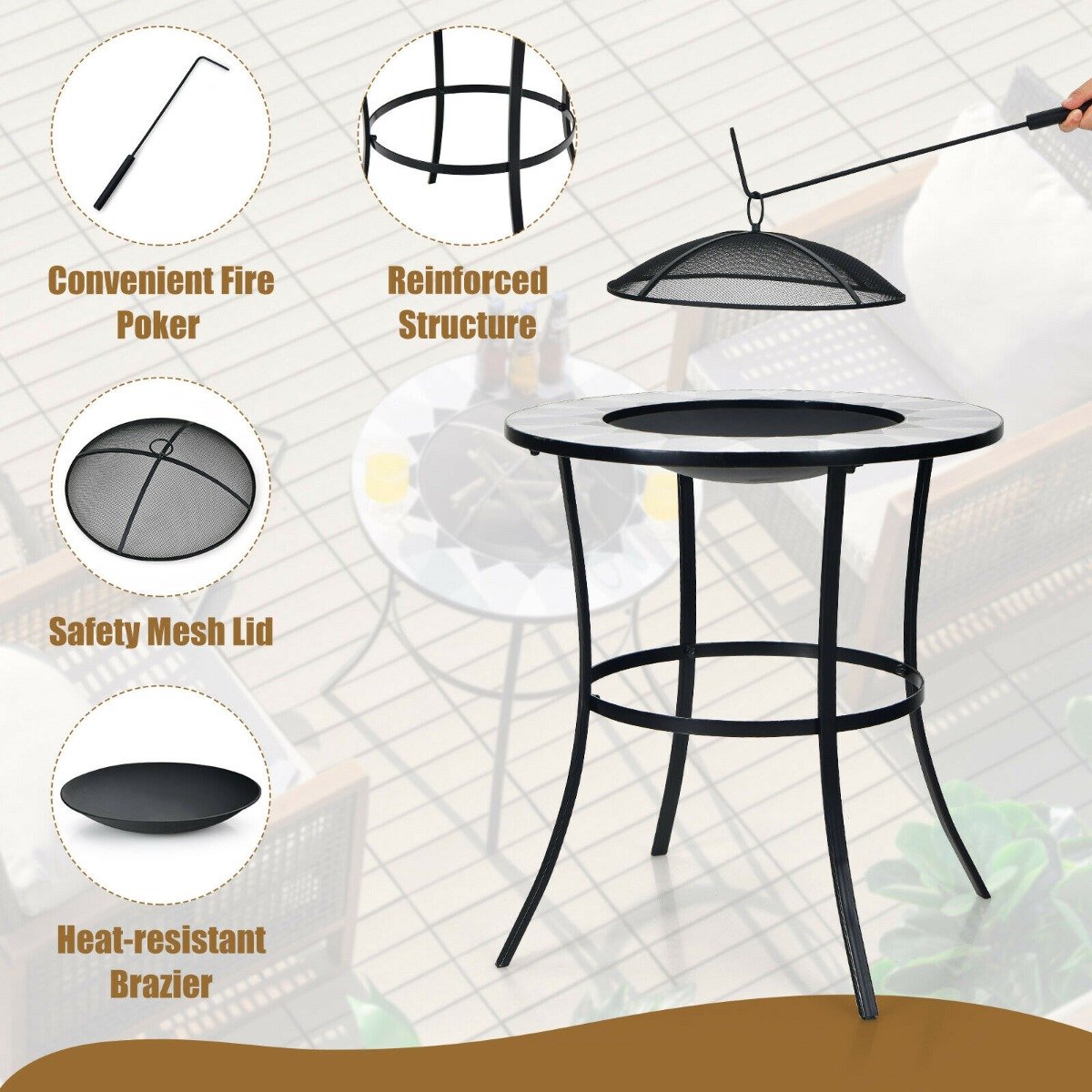 Outdoor Fire Pit with Tile Tabletop and Mesh Screen Lid