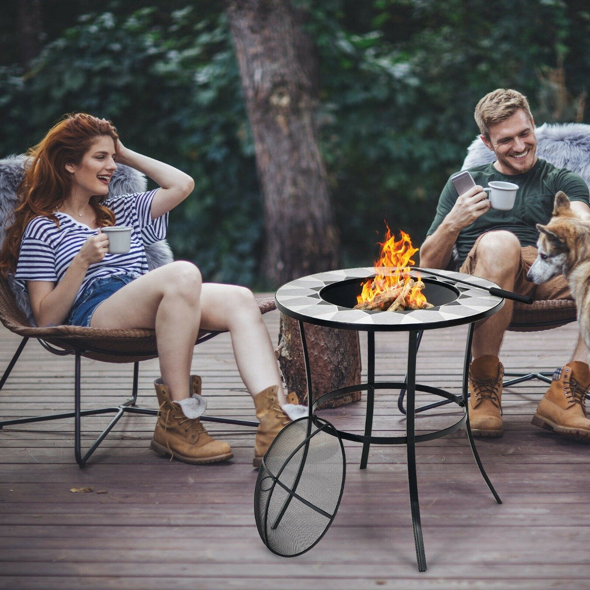 Outdoor Fire Pit with Tile Tabletop and Mesh Screen Lid