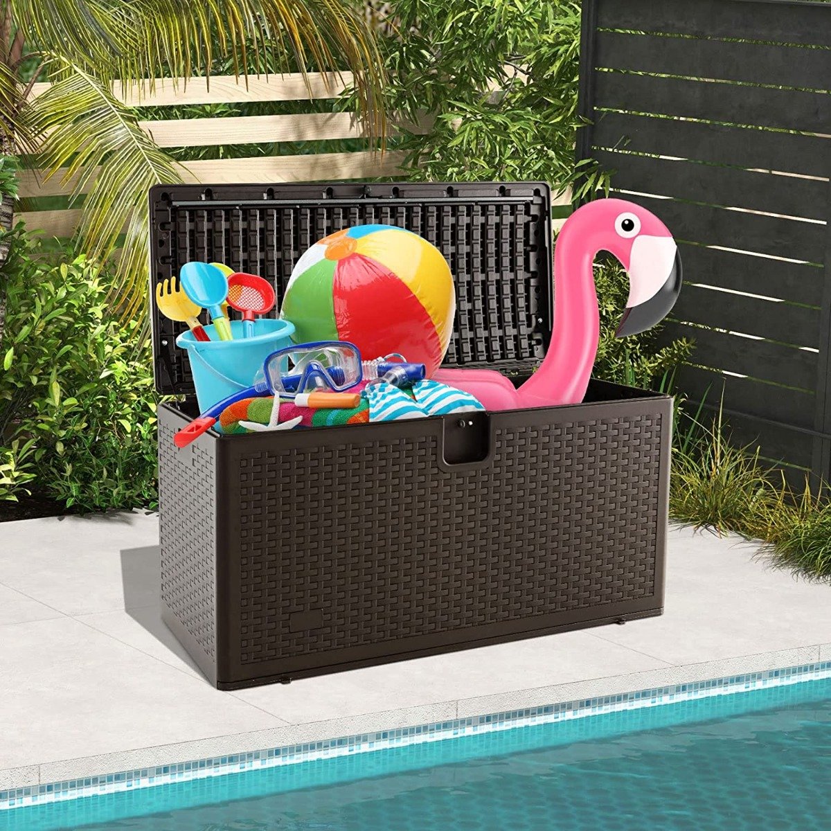 370L Garden Storage Box with Flip Lid and Lock Hole-Brown