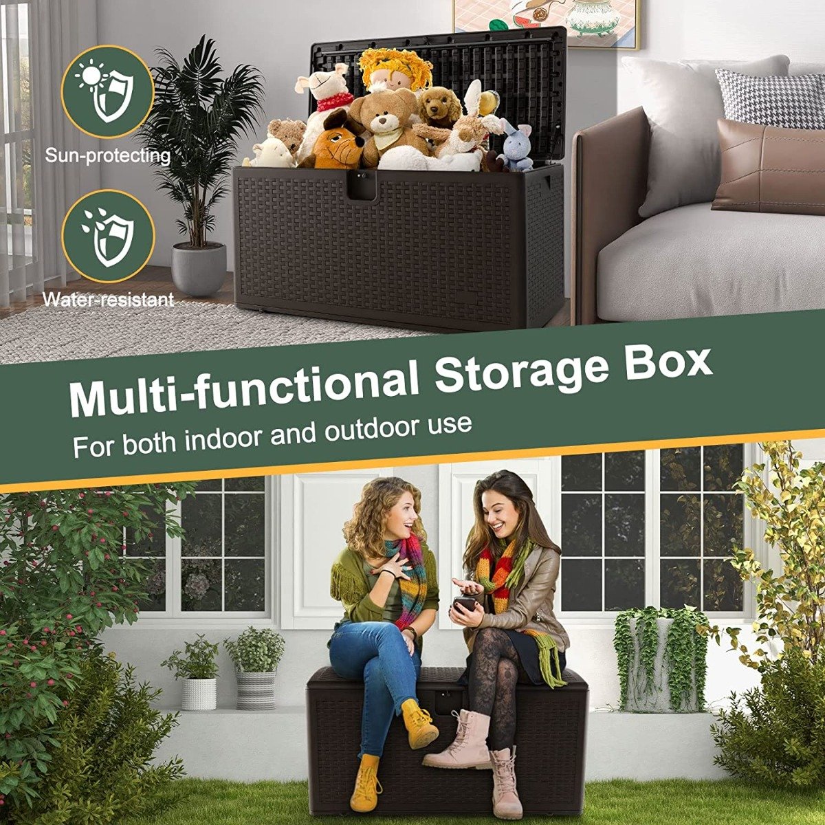370L Garden Storage Box with Flip Lid and Lock Hole-Brown