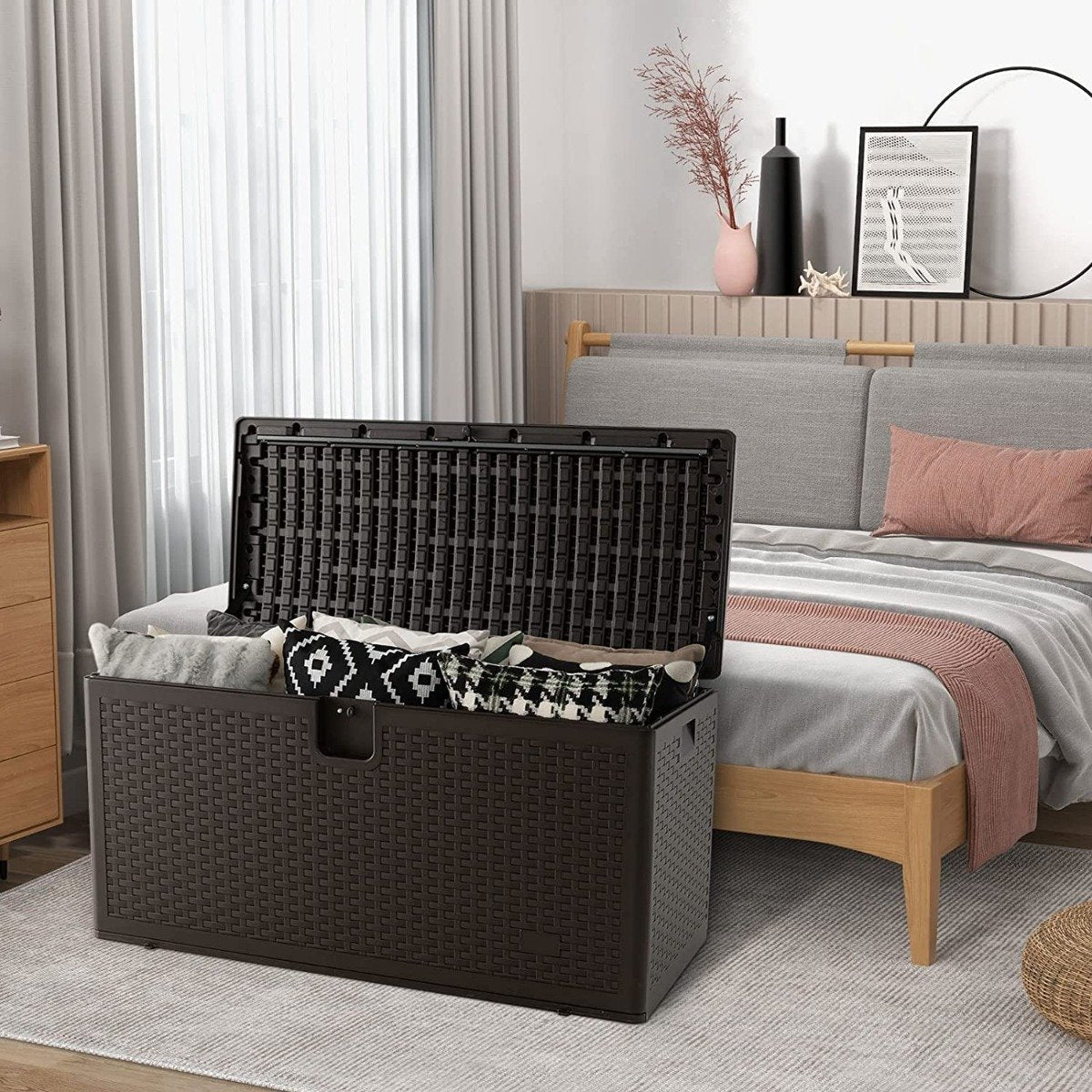 370L Garden Storage Box with Flip Lid and Lock Hole-Brown