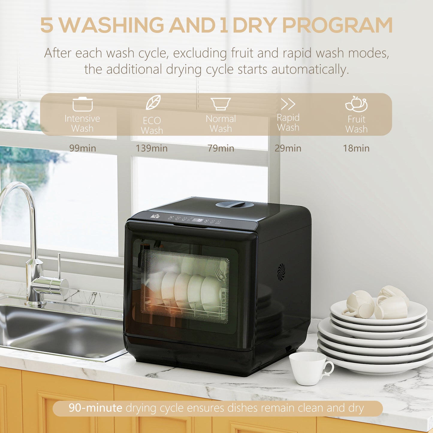 HOMCOM Table Top Dishwasher, Mini Countertop Dishwasher with Built-in 6L Water Tank, 6 Programs, Touch Control, LED Display, 4 Place Settings, Dual Water Supply and Air Drying Function, Black