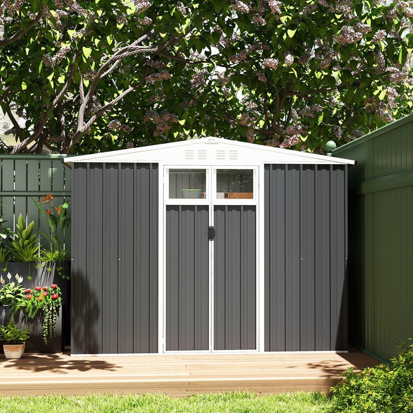 Outsunny 8 x 4 ft Metal Garden Shed, Garden Storage Shed with Window, 4 Vents and Lockable Door, Waterproof Galvanised Steel Tool Storage Shed, Dark Grey