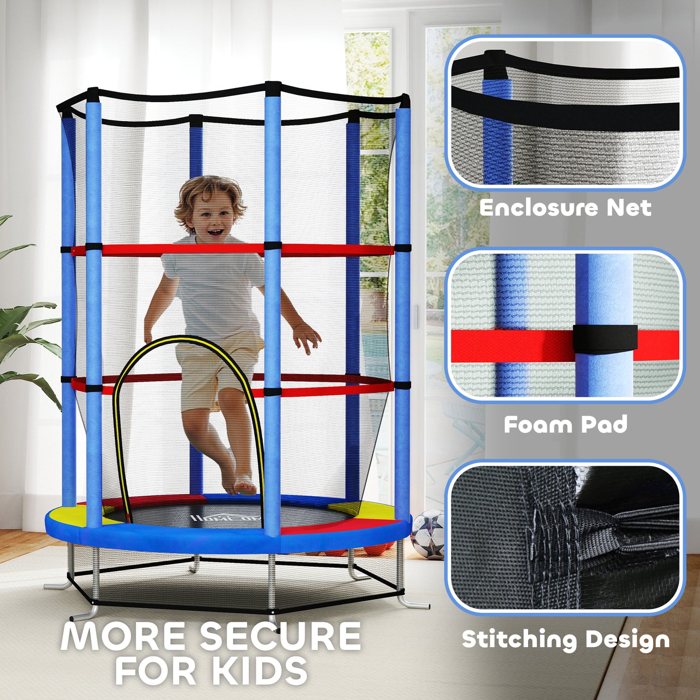 HOMCOM Kids Trampoline, with Enclosure Net, Steel Frame, for Ages 3-6 Years - MultiColoured
