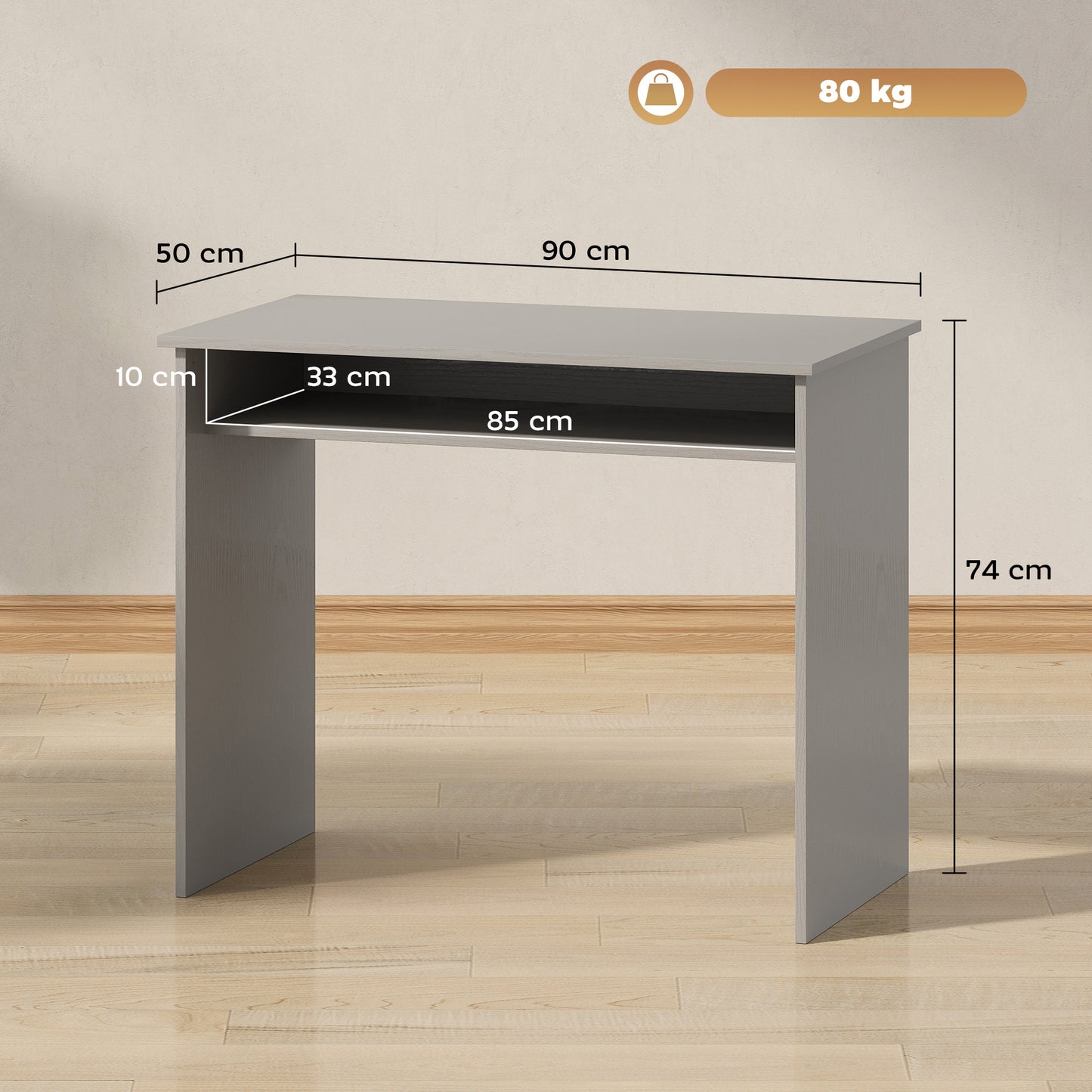 HOMCOM Modern Computer Desk, Home Office Table, Small Writing Desk with Storage Shelf, 90 x 50cm, Grey