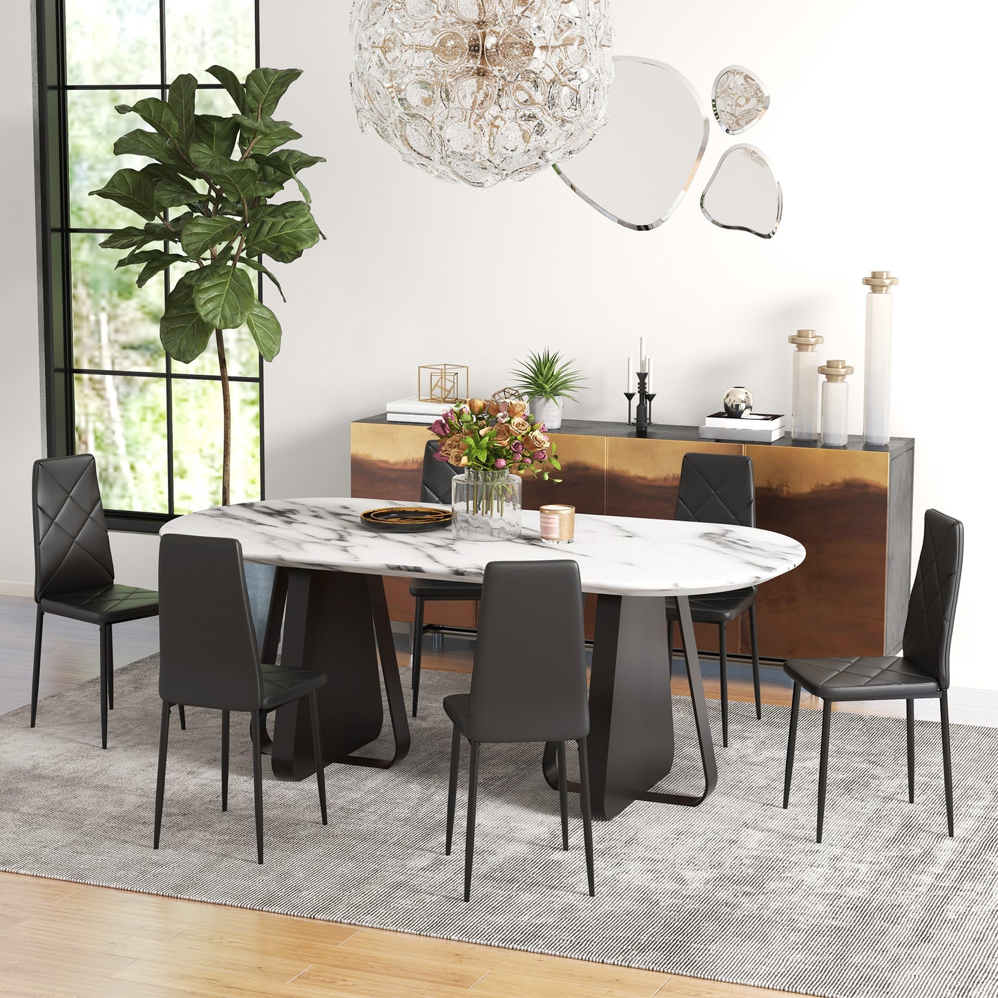 HOMCOM Set of 6 Faux Leather Dining Chairs - Black