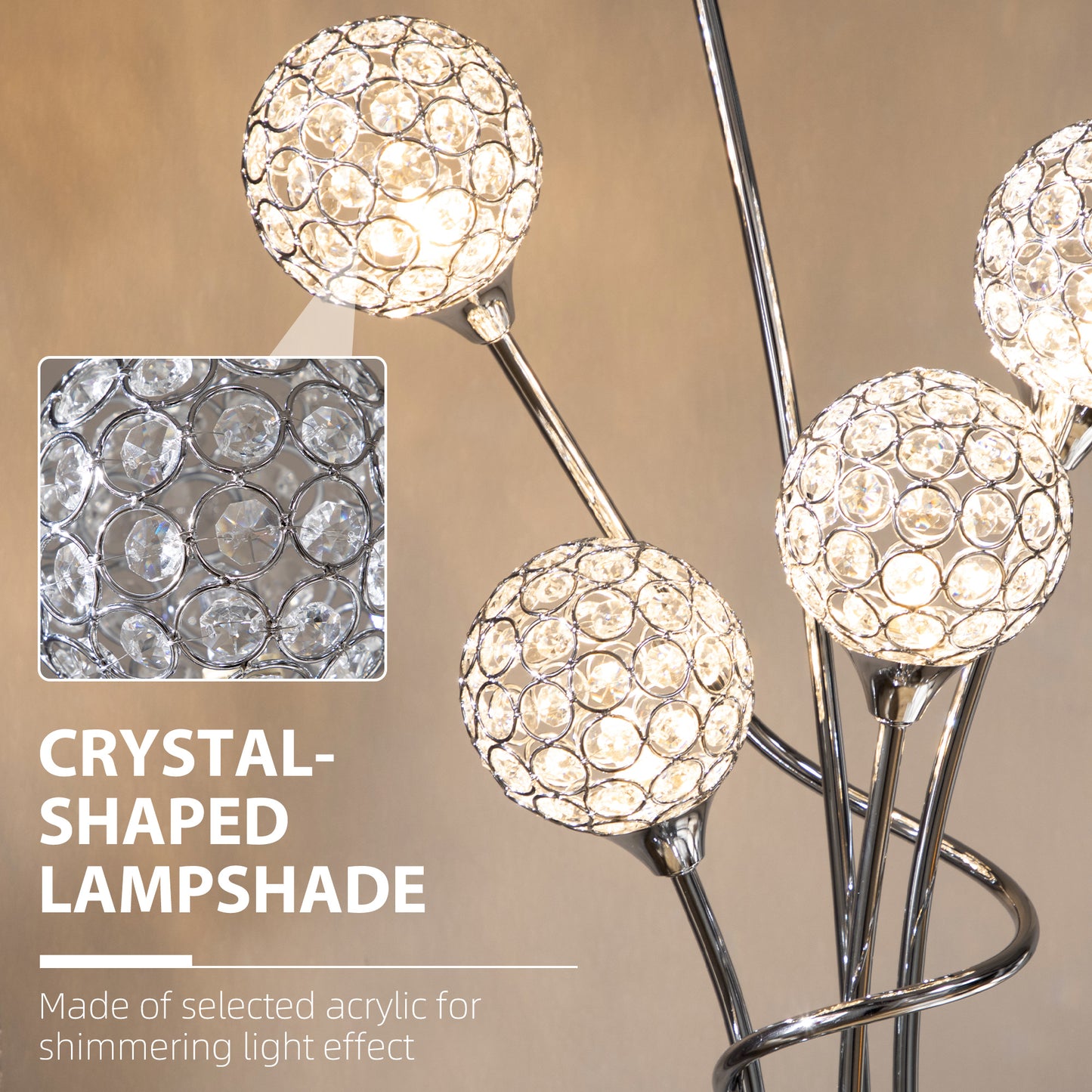 HOMCOM Crystal Floor Lamps for Living Room Bedroom with 5 Light, Modern Upright Standing Lamp, 34x25x156cm, Silver