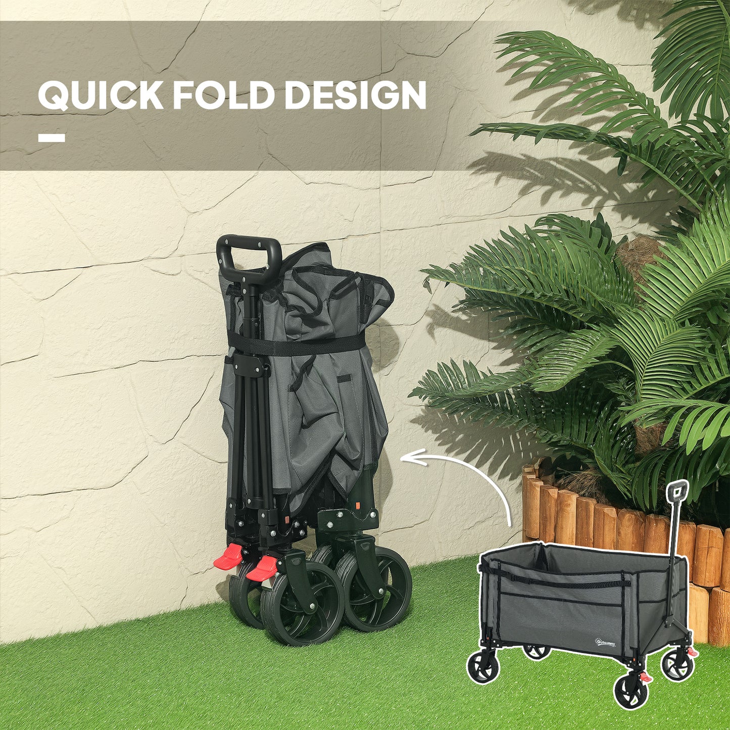 Outsunny Folding Trolley on Wheels, 150L Collapsible Wagon Festival Trolley Cart with Openable Sides, Adjustable Handle and Brakes for Shopping Camping Beach and Garden, Grey