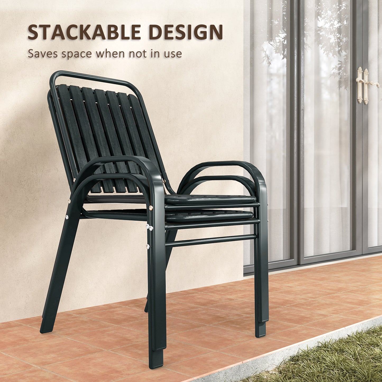 Outsunny 3 Pieces Patio Bistro Set with Stackable Chairs, Tempered Glass Table, for Outdoor, Balcony, Patio, Garden Charcoal Grey
