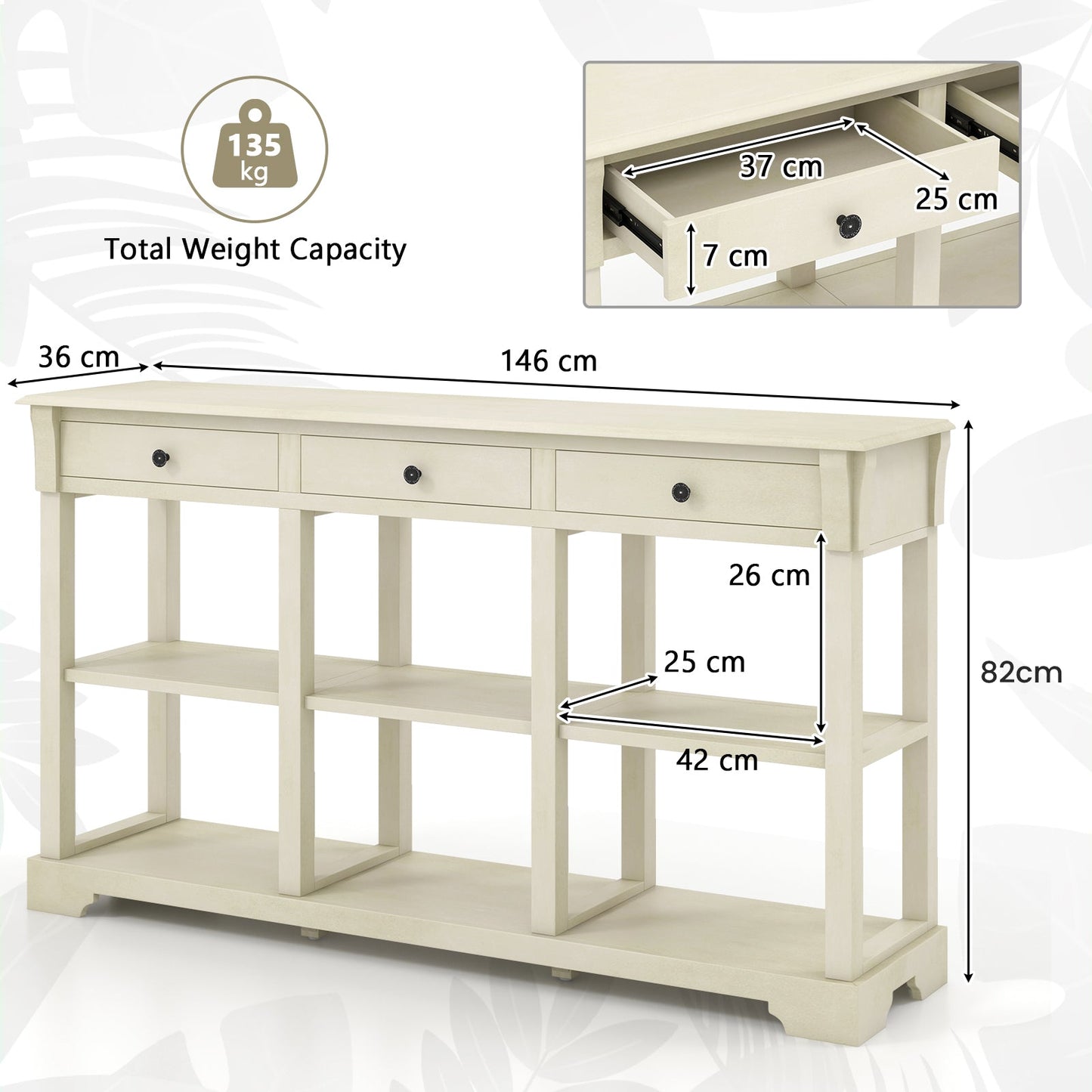 Retro Console Table with 3 Drawers and Open Shelves-White